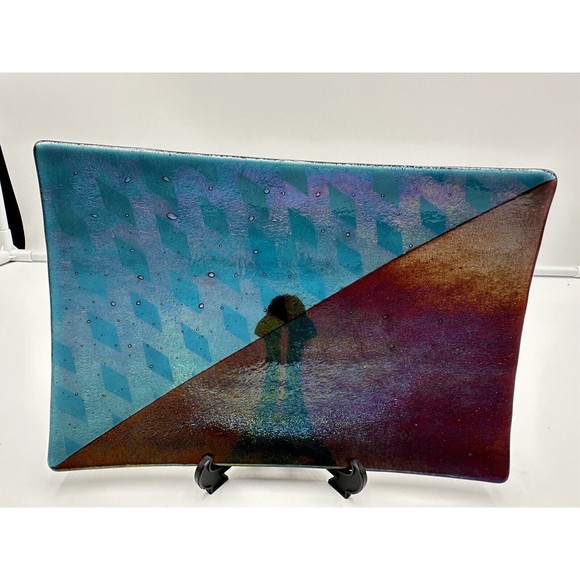 KURT MCVAY DICHROIC IRIDESCENT DIAMOND PLATE TRAY STUDIO FUSED GLASS DISH SIGNED - Picture 1 of 6